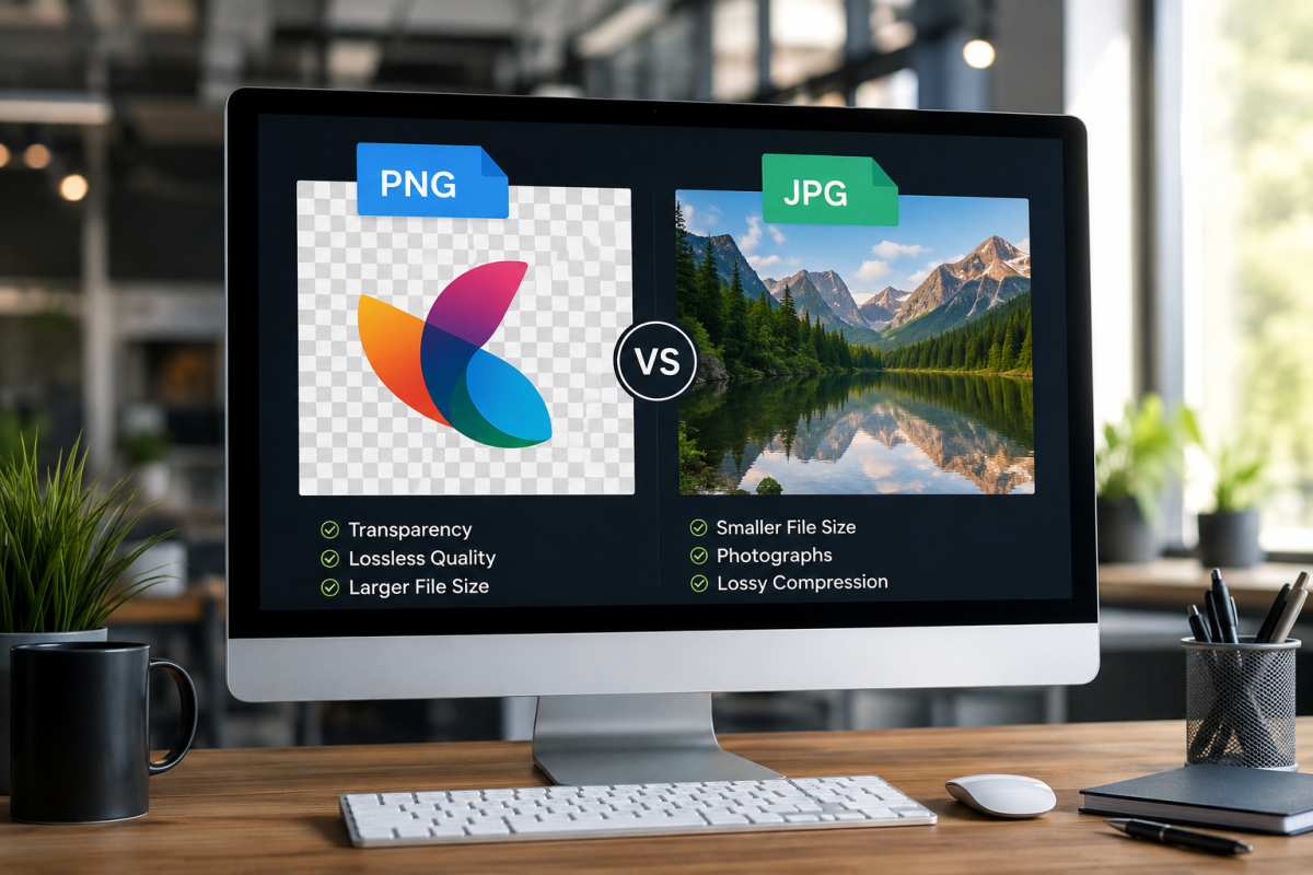 PNG vs JPG comparison showing differences in image quality, compression, transparency, and file size
