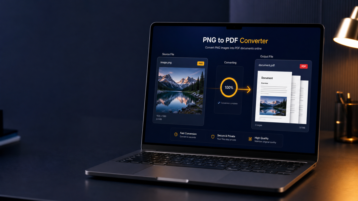Laptop showing professional PNG to PDF conversion interface with progress complete