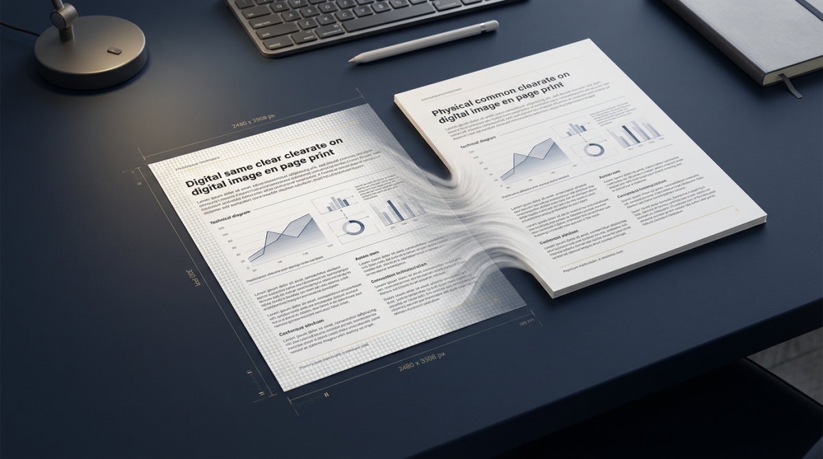 Professional workspace with digital PDF documents and clear PNG page prints showing charts and diagrams