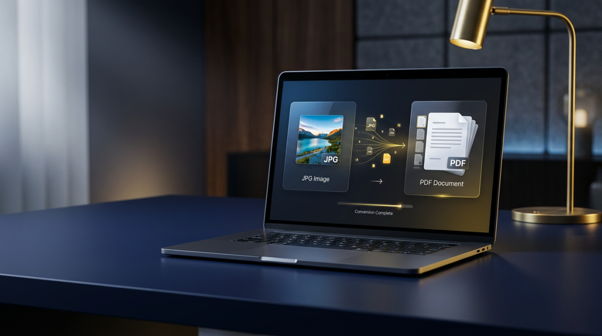 Laptop showing professional JPG to PDF conversion interface on a modern desk
