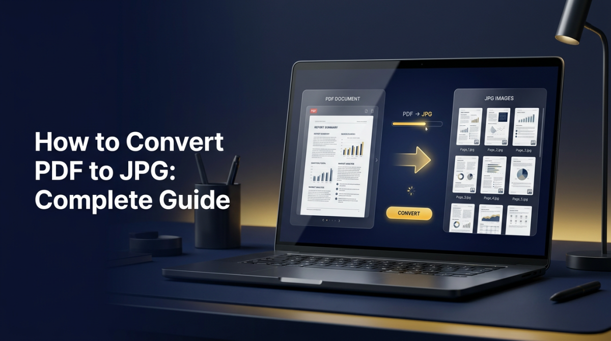 Laptop showing professional PDF to JPG conversion interface with PDF document and JPG page grid